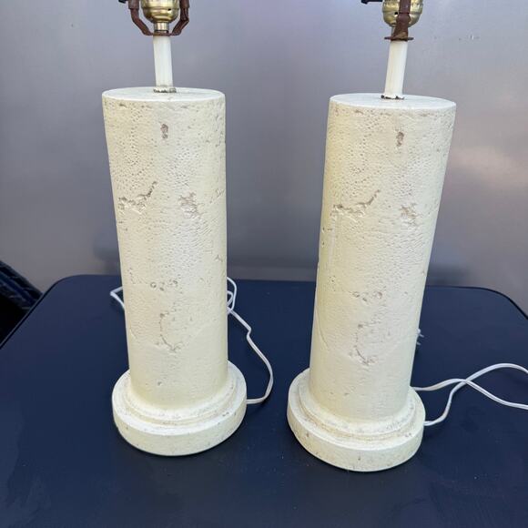 1980's Postmodern Boho Faux Coralstone Plaster Table Column Lamps Pair of 2 - Picture 3 of 8